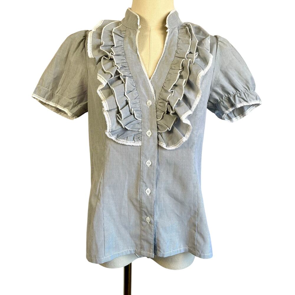 NWOT Romeo & Juliet Couture Blue White Stripe Ruffle Button Down Top Large